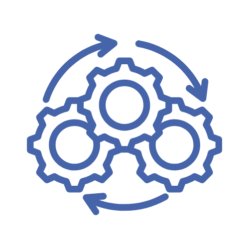 A blue graphic with three arrows and three settings icons in a circle.