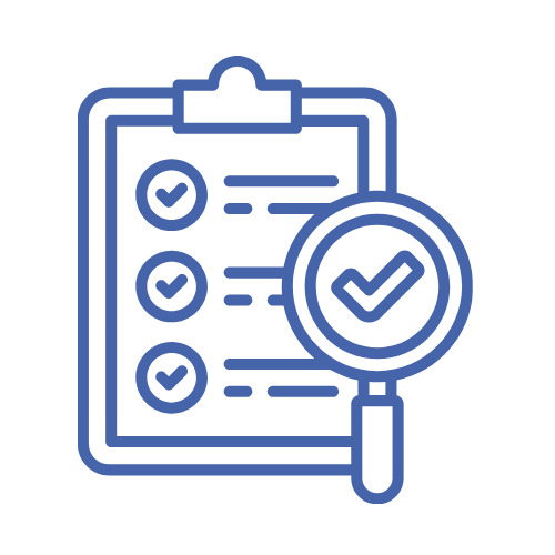 A blue graphic of a clipboard with checkmarks.