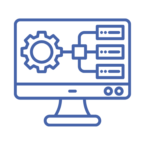 A blue graphic with a settings symbol showing systems being designed.