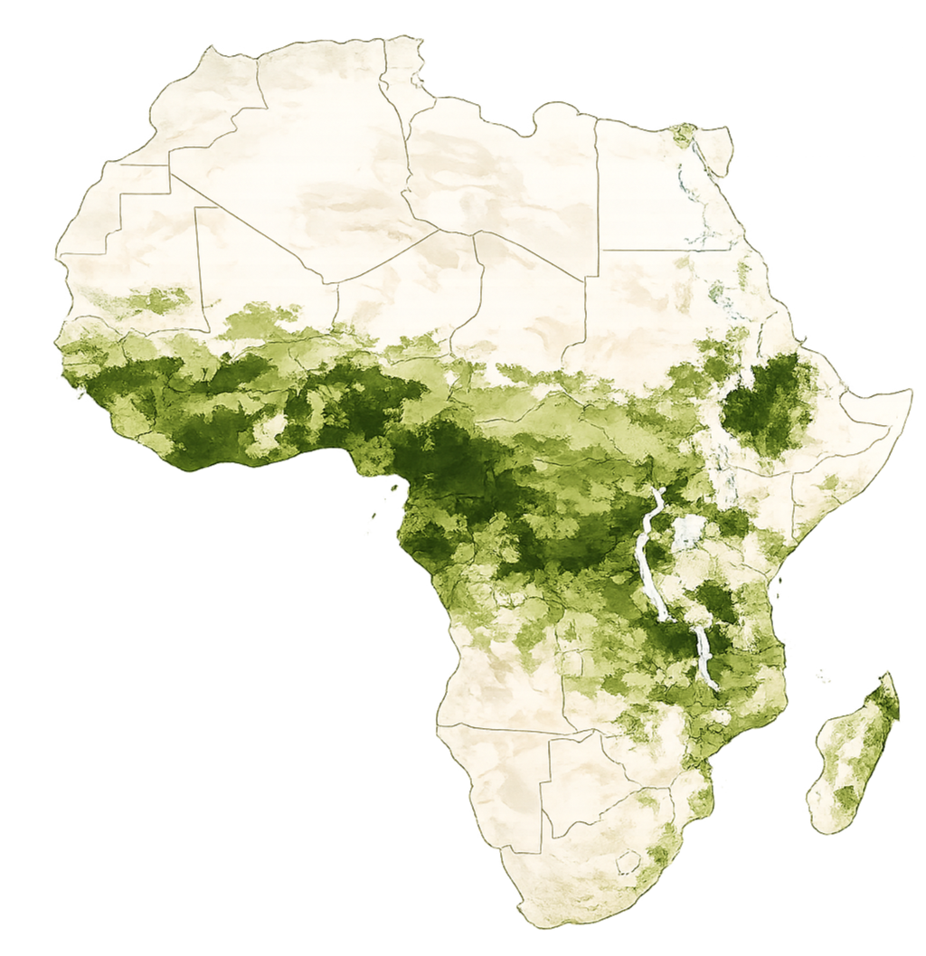 Map of Africa with areas shaded in green indicating regions of forest cover.