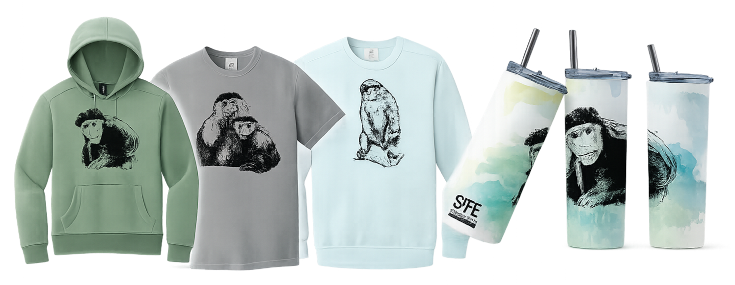 Collection of clothing and accessories featuring monkey illustrations. Includes a green hoodie, a gray T-shirt, a light blue sweatshirt, and three water bottles with abstract watercolor backgrounds and monkey graphics.