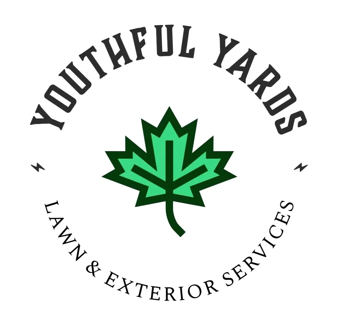 Logo for Youthful Yards Lawn & Exterior Services featuring a green maple leaf and black text