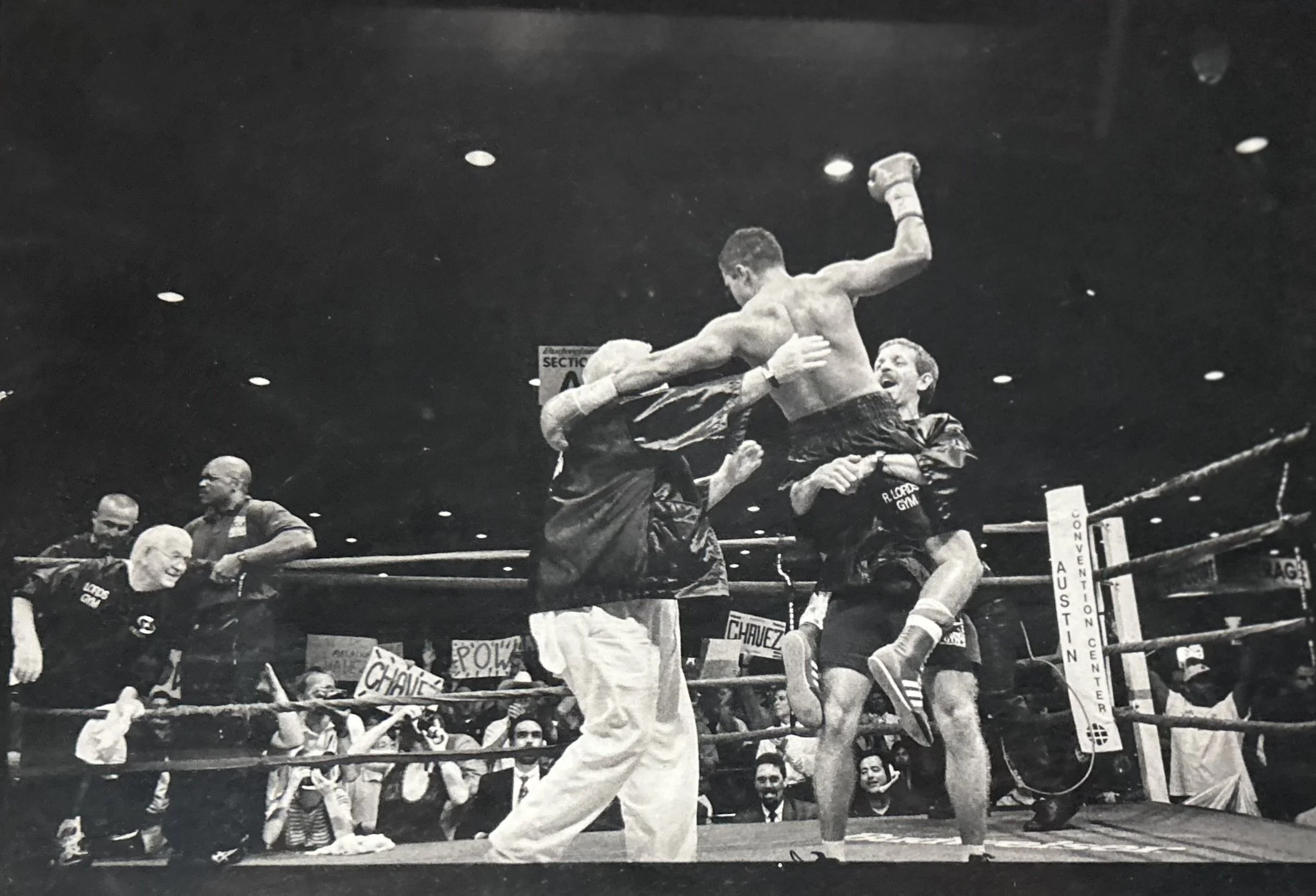 Jesus Chavez upon winning his championship fight. Carried by Richard Lord as Lou Duva joined them.