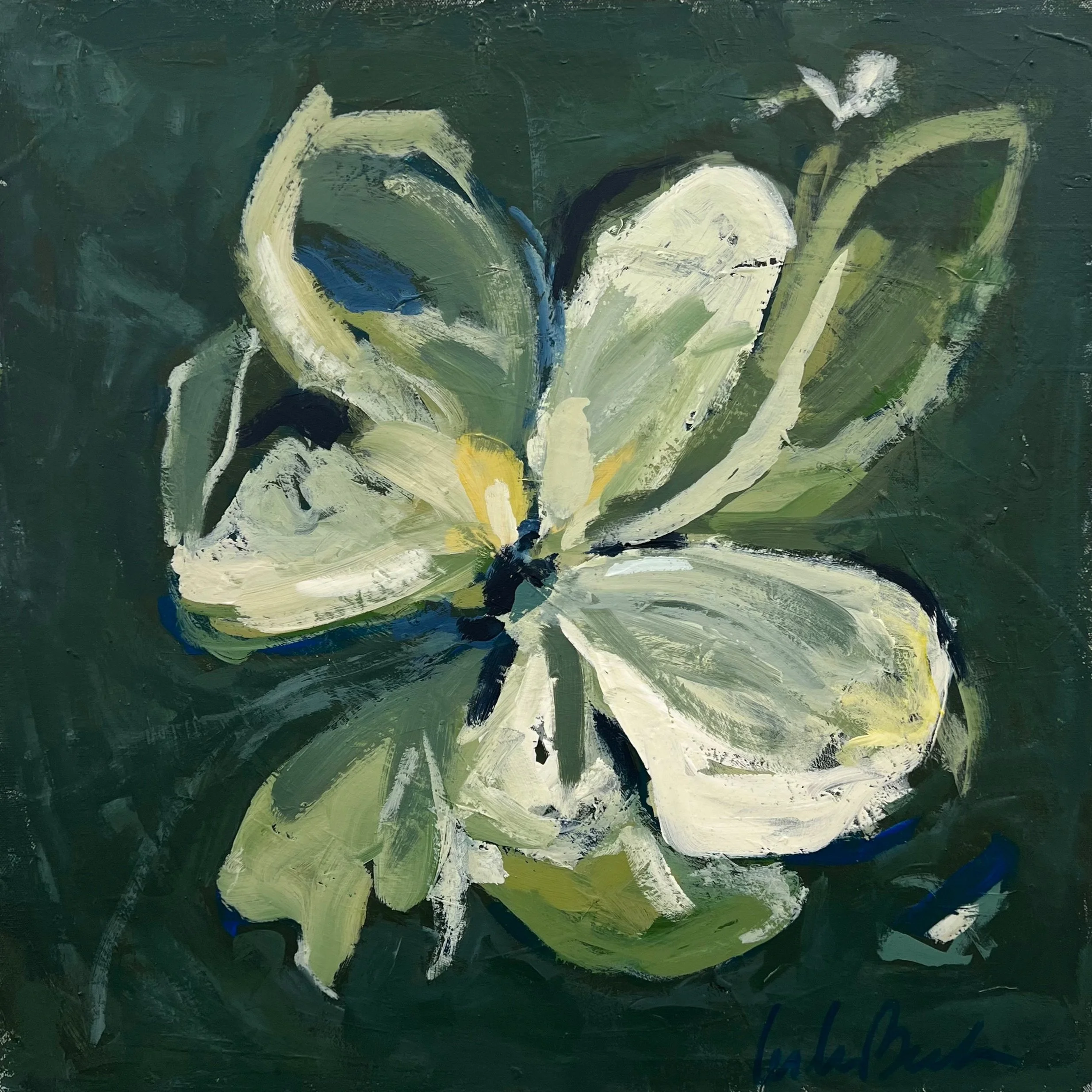 An abstract painting of a white butterfly with yellow and blue accents on dark green background.