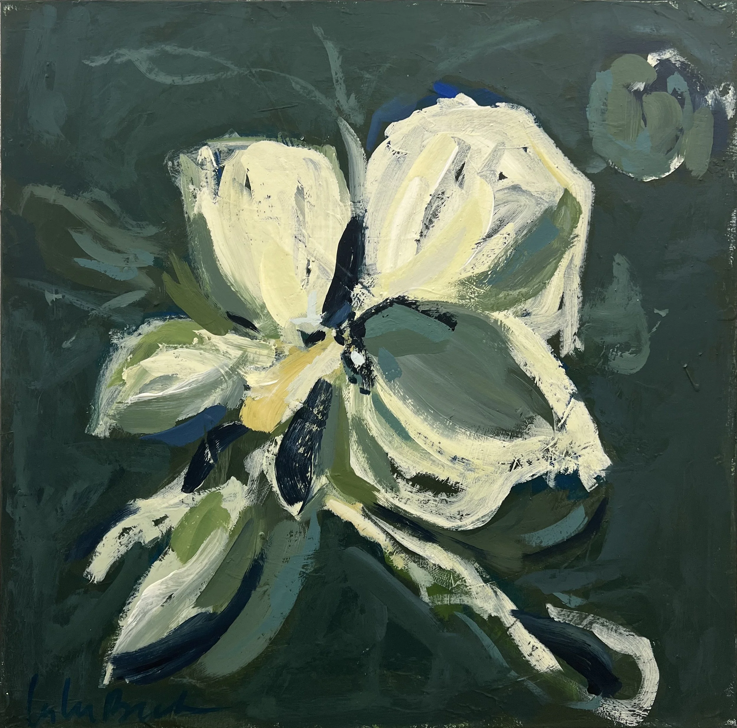 An abstract painting of a yellow and white flower with green leaves on a dark green background.