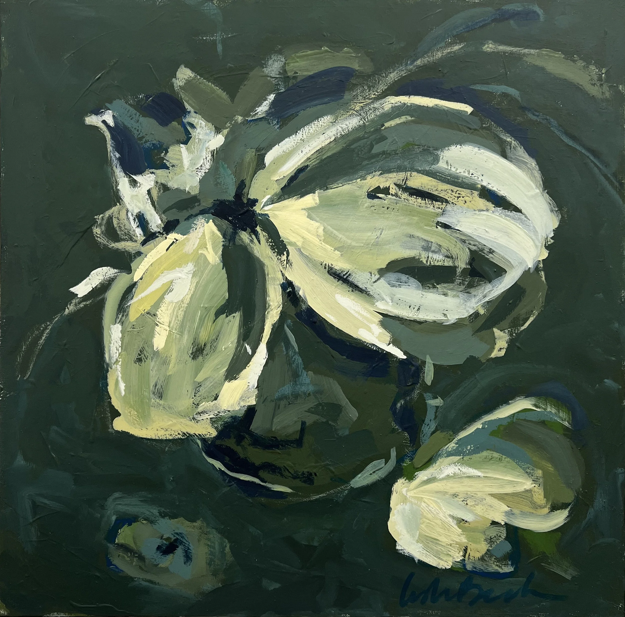 Abstract painting of green and yellow leaves on a dark green background.