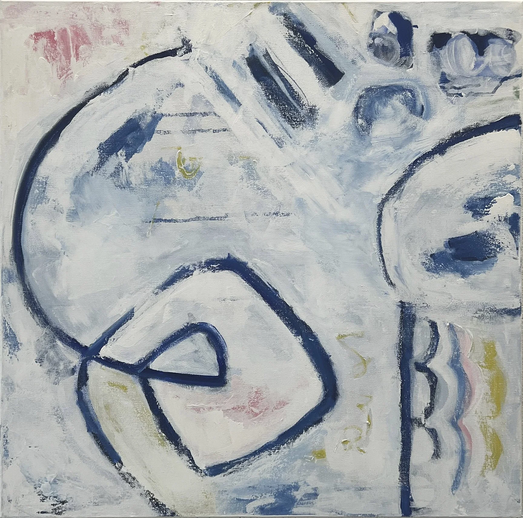 Abstract painting with swirling blue, white, pink, and gold brushstrokes, featuring layered shapes and lines.