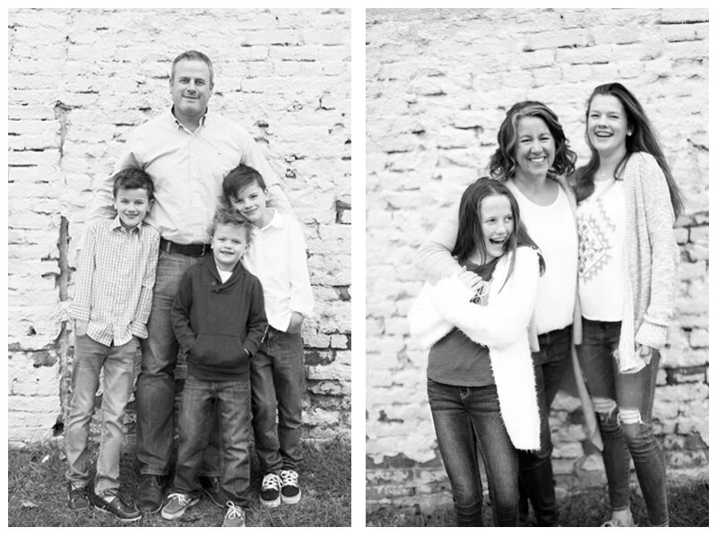 Two black and white family portraits; left photo shows a man with three boys standing in front of a brick wall, right photo shows a woman with two girls standing in front of a brick wall.