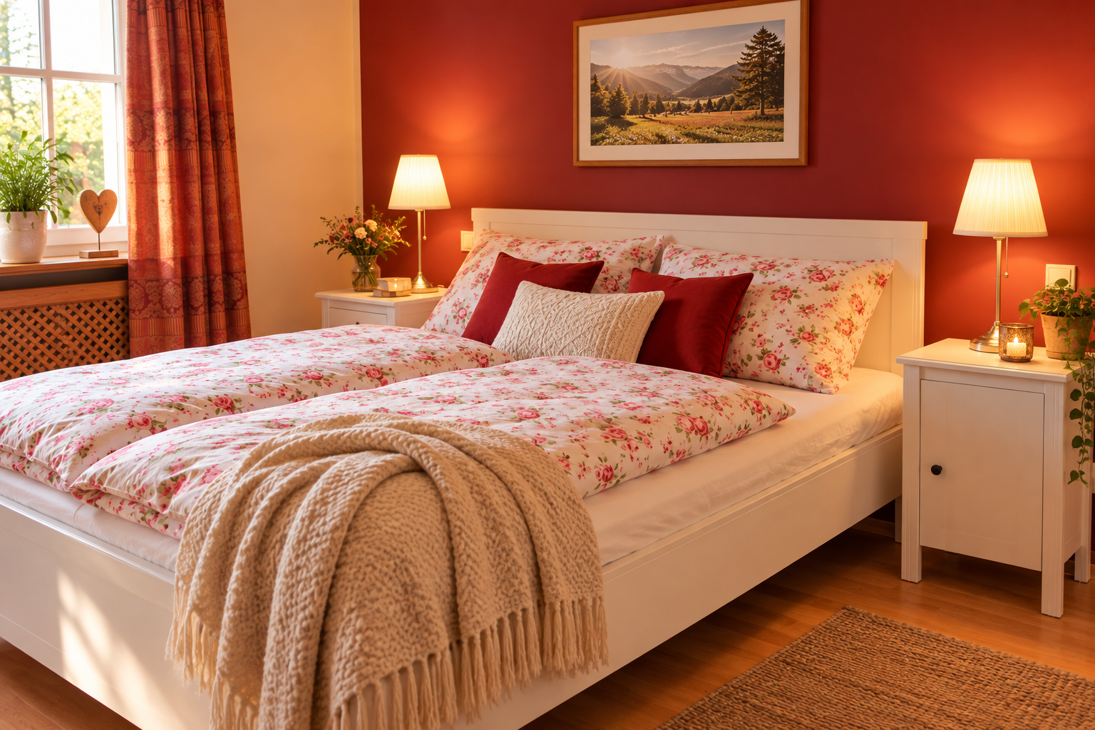 Gemütliches Schlafzimmer mit Blumenbettwäsche.png