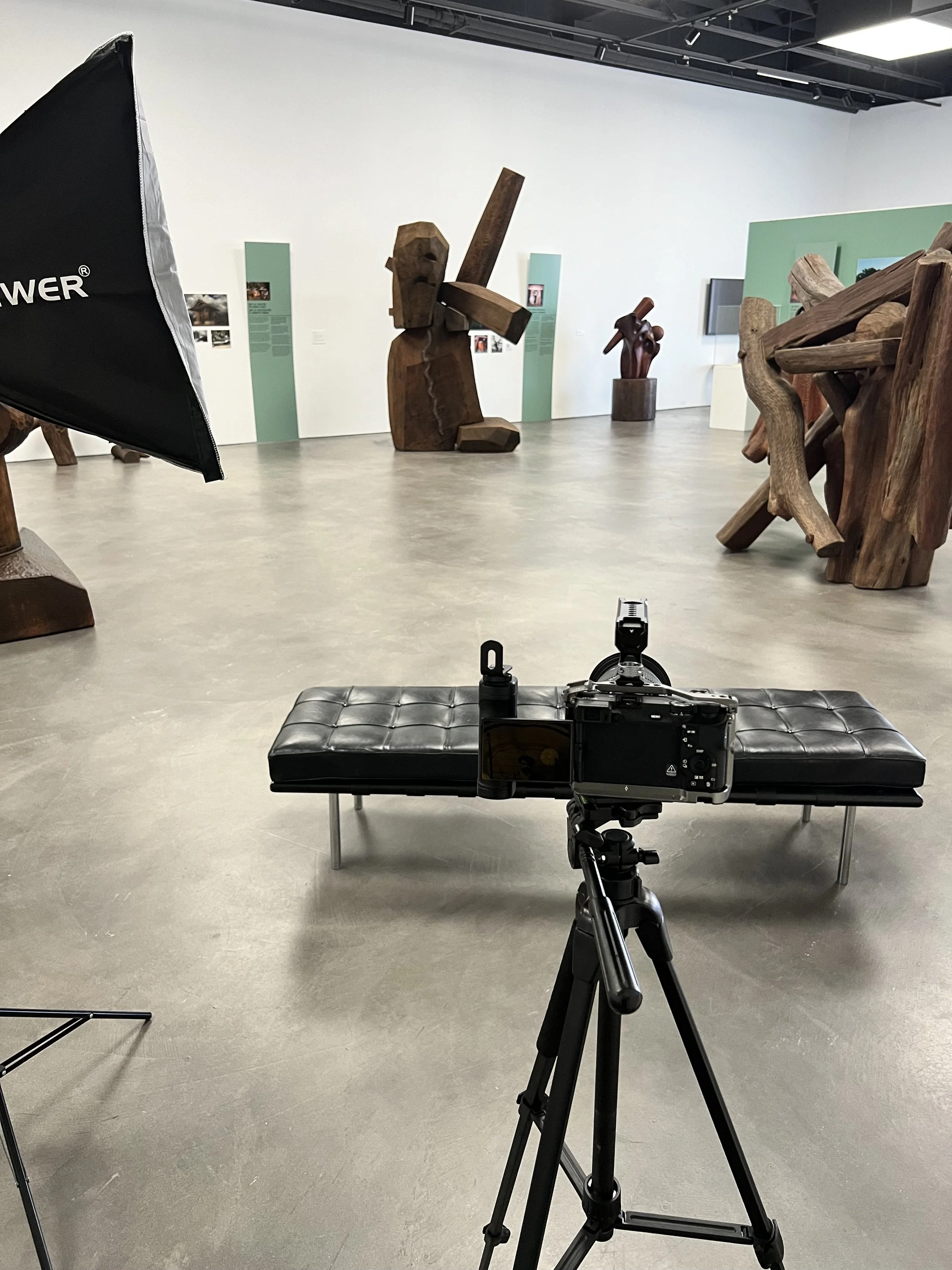 Interior of an art gallery with wooden sculptures on display. A camera on a tripod is set up in the foreground, focusing on the sculptures. Large blackout diffuser or reflector visible on the left side.