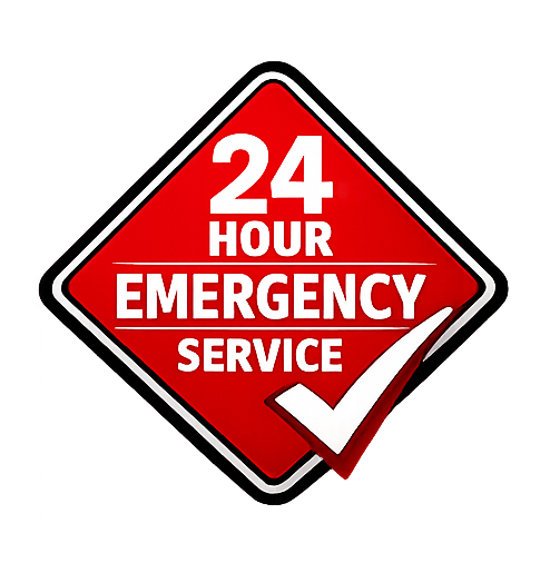 A red diamond-shaped sign indicating 24-hour emergency service with a white check mark.