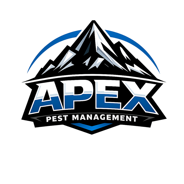 Logo for Apex Pest Management featuring a mountain peak with stylized text.