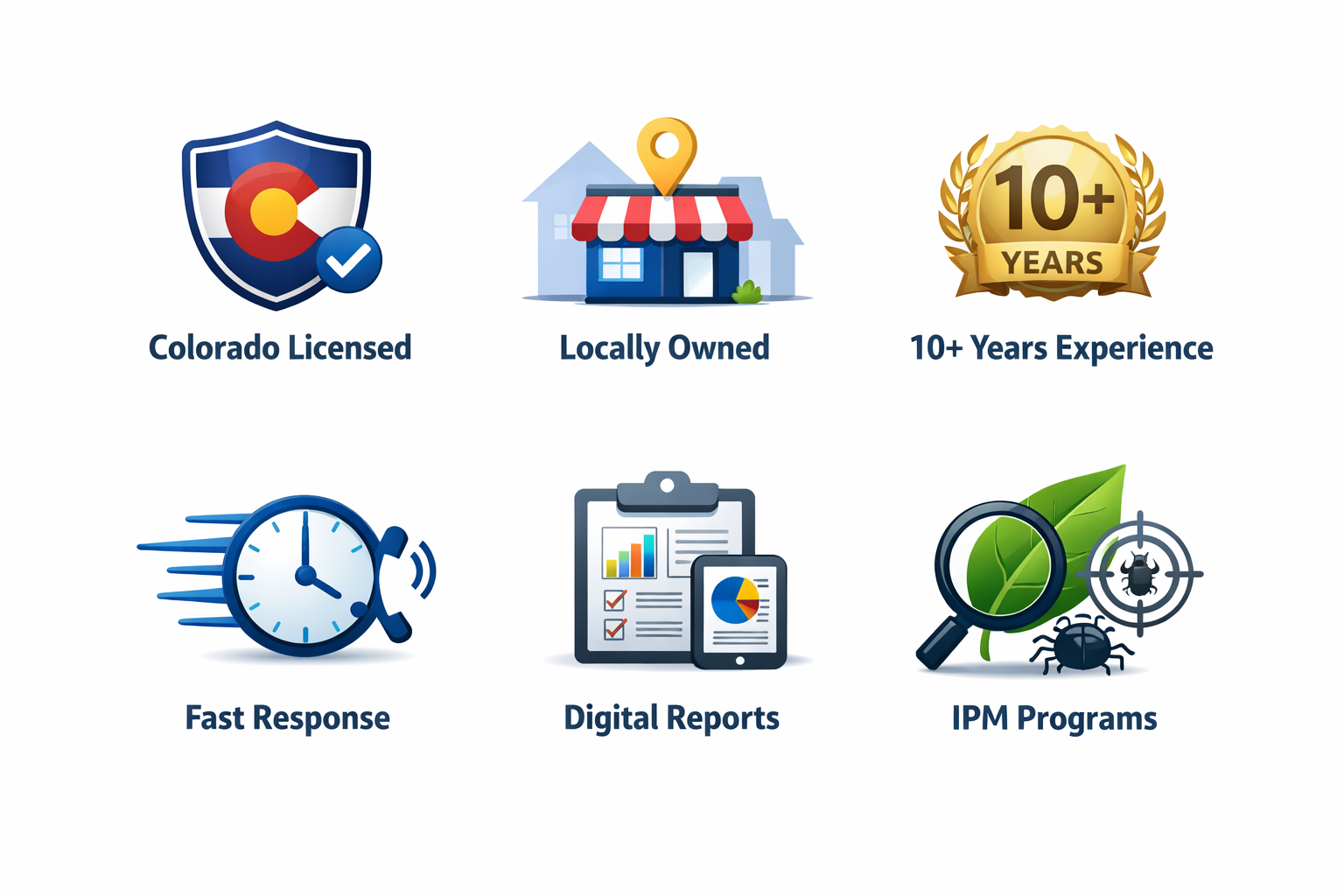 Six icons representing business features: a Colorado license badge, a house with a location pin labeled Locally Owned, a gold badge with 10+ Years Experience, a fast-moving clock with a phone symbol labeled Fast Response, a clipboard with digital reports on a tablet labeled Digital Reports, and a magnifying glass, leaf, and bug icons representing IPM Programs.