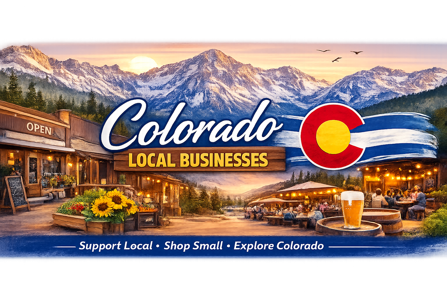 A colorful mural featuring mountains, a sunset, a rustic town with outdoor dining, and Colorado state flag, promoting support for local businesses and exploration of Colorado.