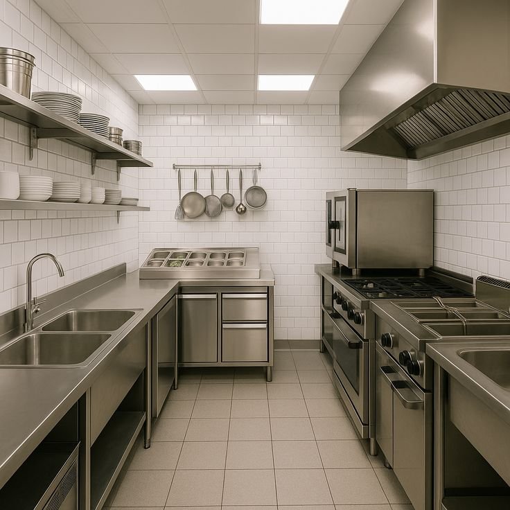 Empty commercial kitchen with stainless steel appliances, open shelving with dishes, and white tiled walls.
