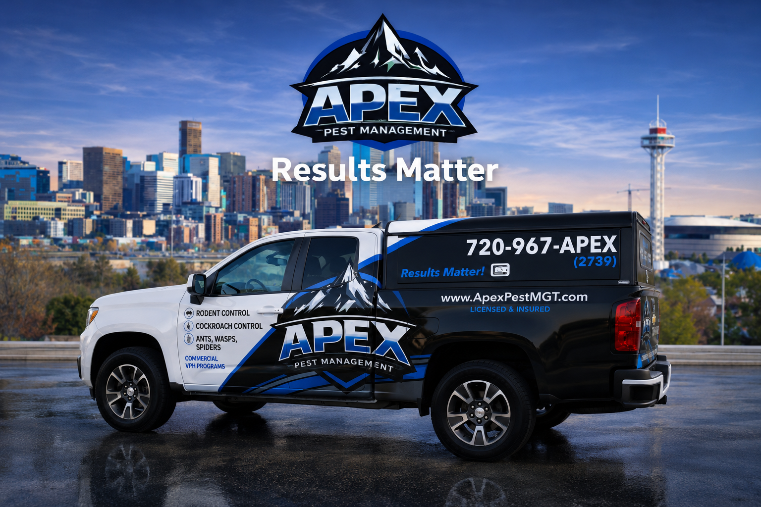 A company truck for Apex Pest Management parked on a wet surface with a city skyline and a tall tower in the background. The truck features the company logo, contact number, and services listed on the side, including rodent, cockroach, ants, wasps, spiders control, and commercial VPH programs. The truck has a black and white color scheme with blue accents.