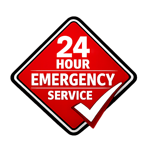 Red diamond-shaped sign indicating 24-hour emergency service with a check mark.