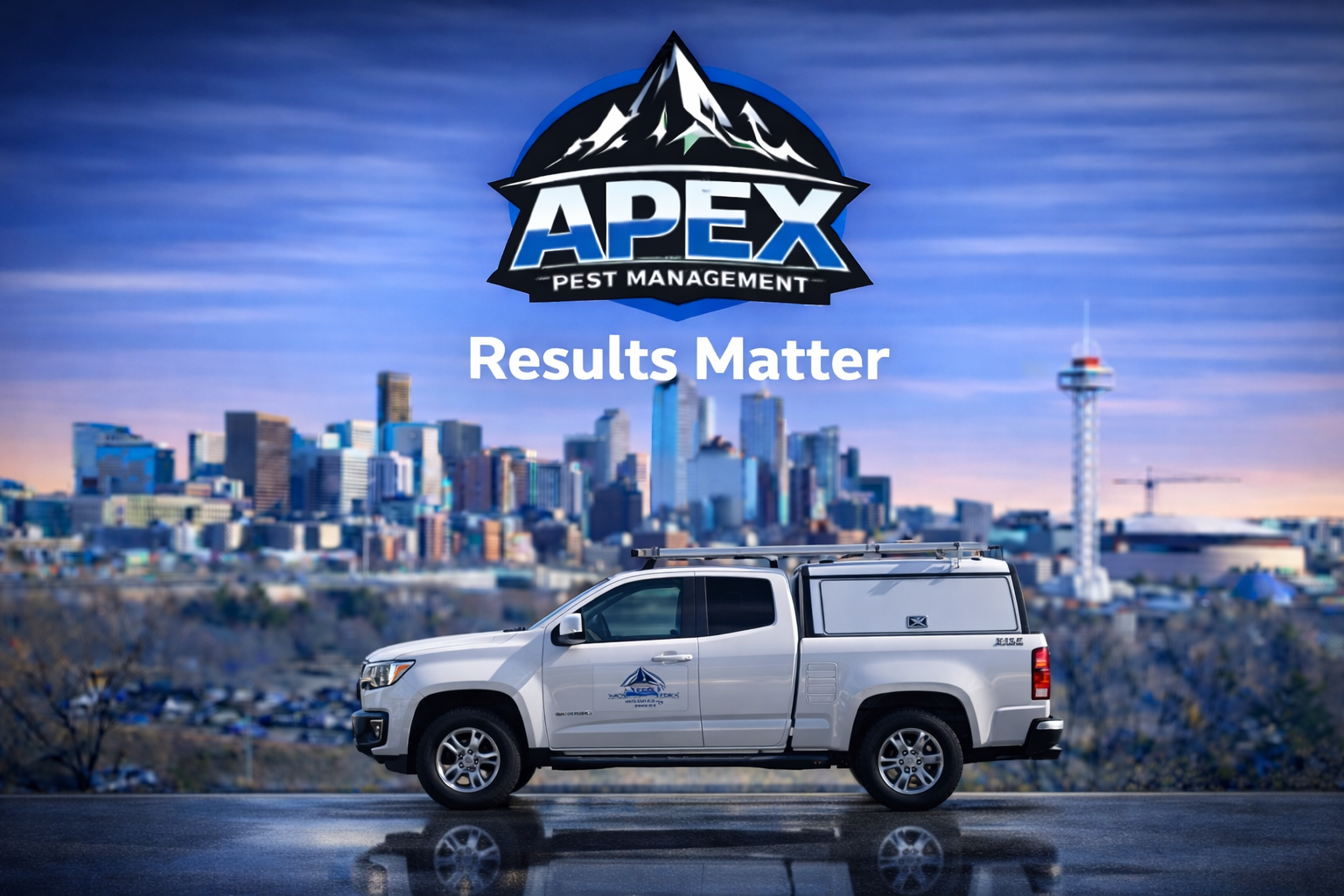 A graphic with the Apex Pest Management logo, a city skyline in the background, and a white truck with company branding parked in the foreground. The text 'Results Matter' is centered on the image.