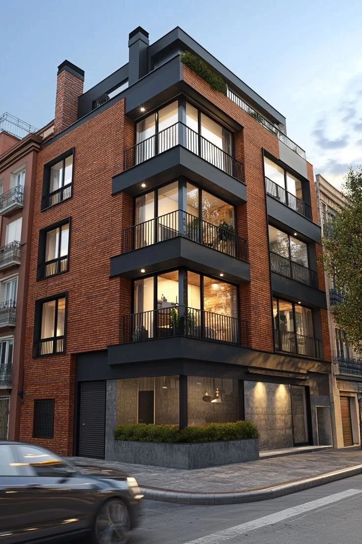 Multi-story modern apartment building with brick and black exterior finishes, balconies with metal railings, and large windows, situated on a city street.