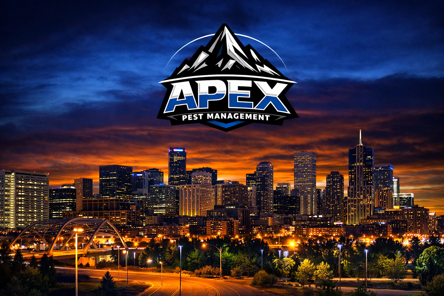 Night cityscape with illuminated skyscrapers and a sunset sky, featuring a logo for Apex Pest Management at the top center.
