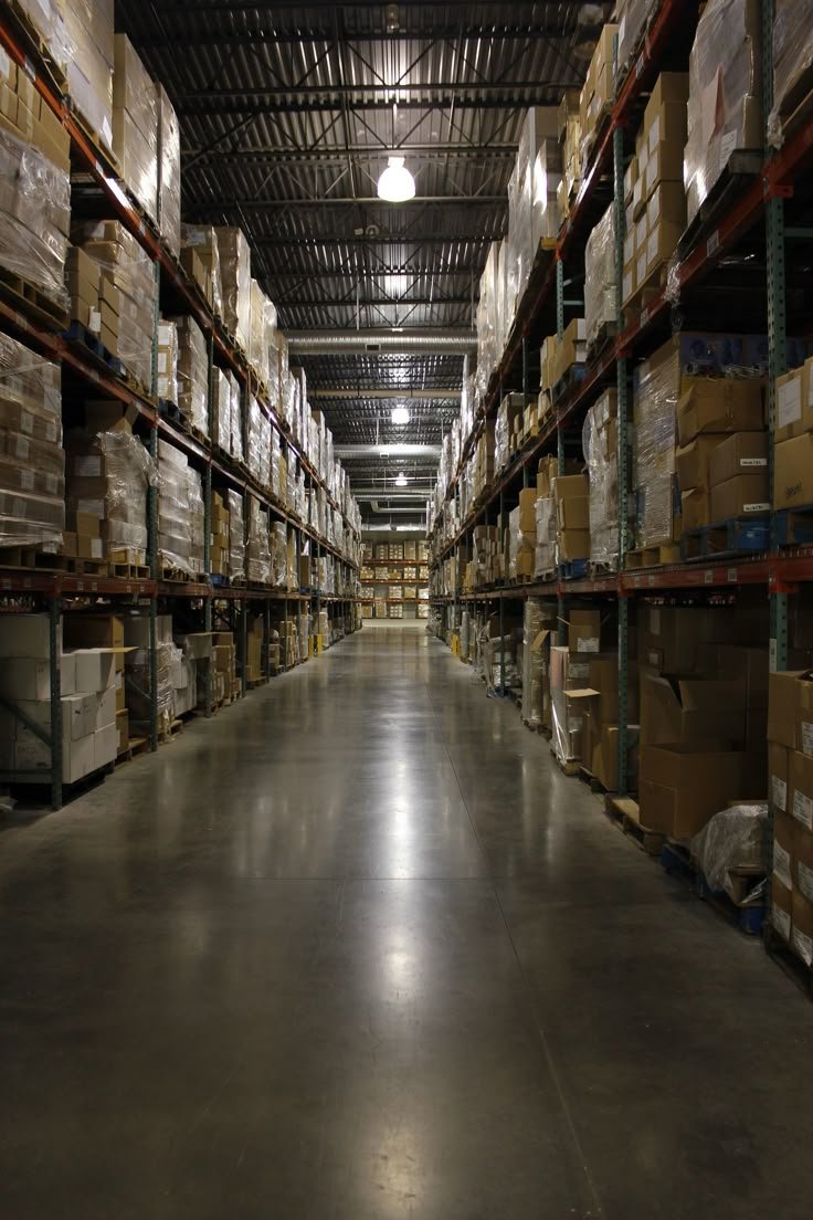 A long aisle in a warehouse with metal shelves on both sides filled with boxes and pallets.