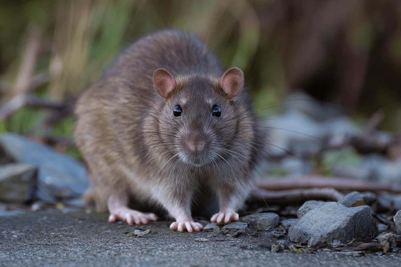 Close-up of a small brown mouse with large eyes on a rocky ground with blurred natural background.