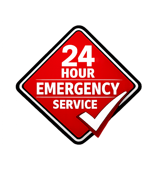 Red and white diamond-shaped sign indicating 24-hour emergency service with a large checkmark.