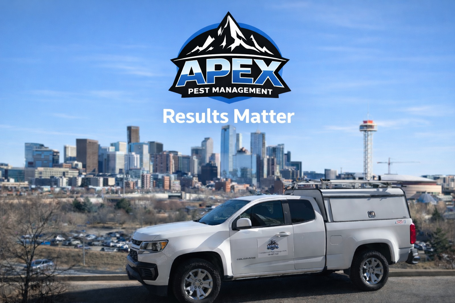 A city skyline in the background with a white pest control truck in the foreground. The truck has a logo and text indicating Apex Pest Management. The overlay text reads, "Results Matter."