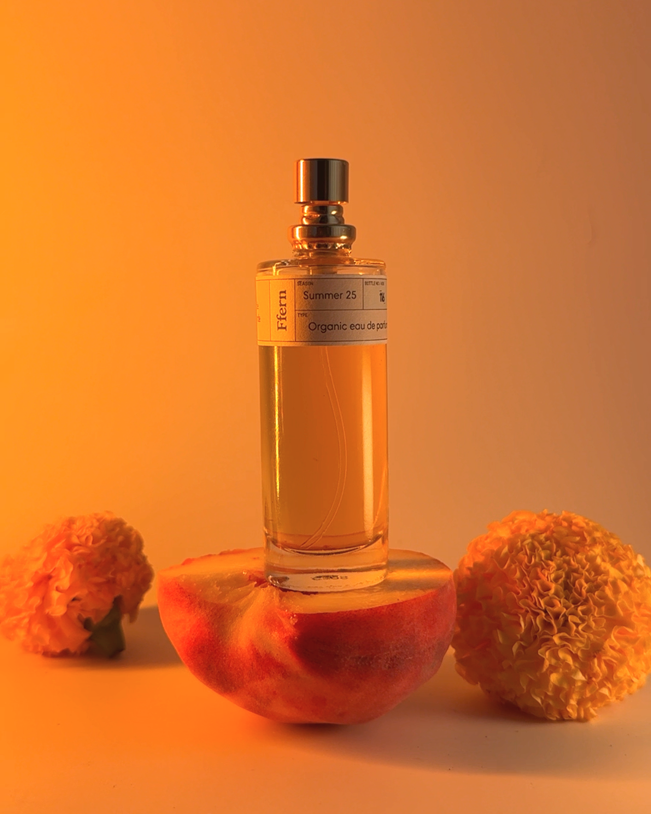 Ffern Summer'25 visuals with white peach, hay and marigolds