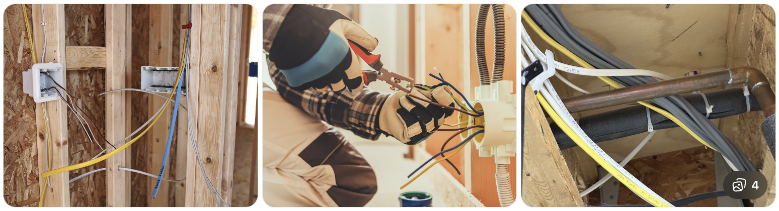 Collage of residential electrical rough-in wiring and cable installation