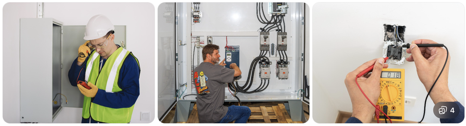 Collage of electrical troubleshooting, panel diagnostics, and outlet testing