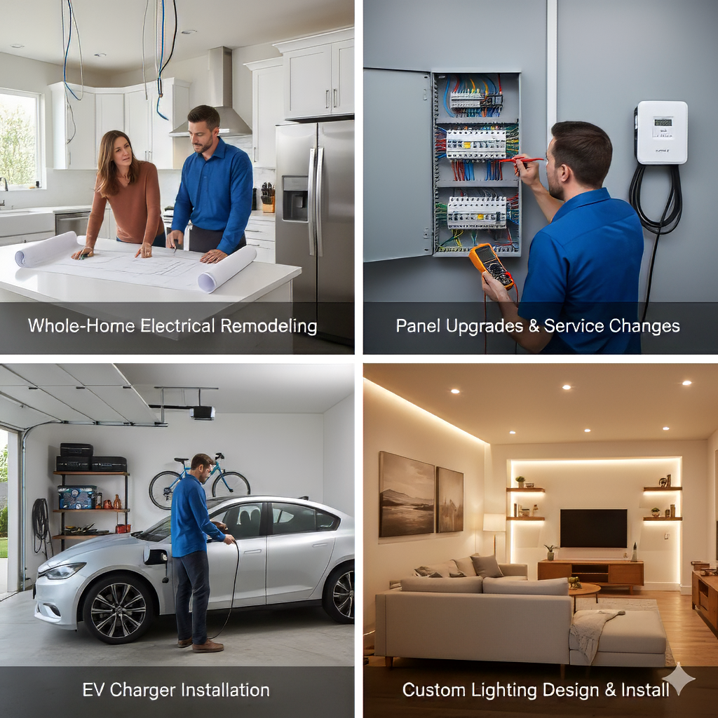 Collage showing residential electrical services including home remodeling, panel upgrades, EV charger installation, and custom lighting