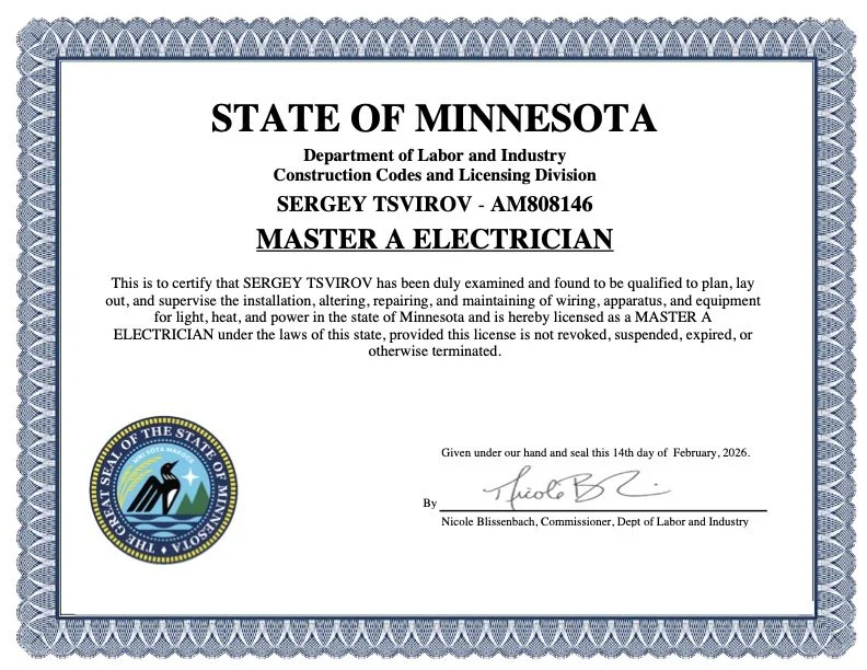 Minnesota Master Electrician license certificate issued to Sergey Tsvirov
