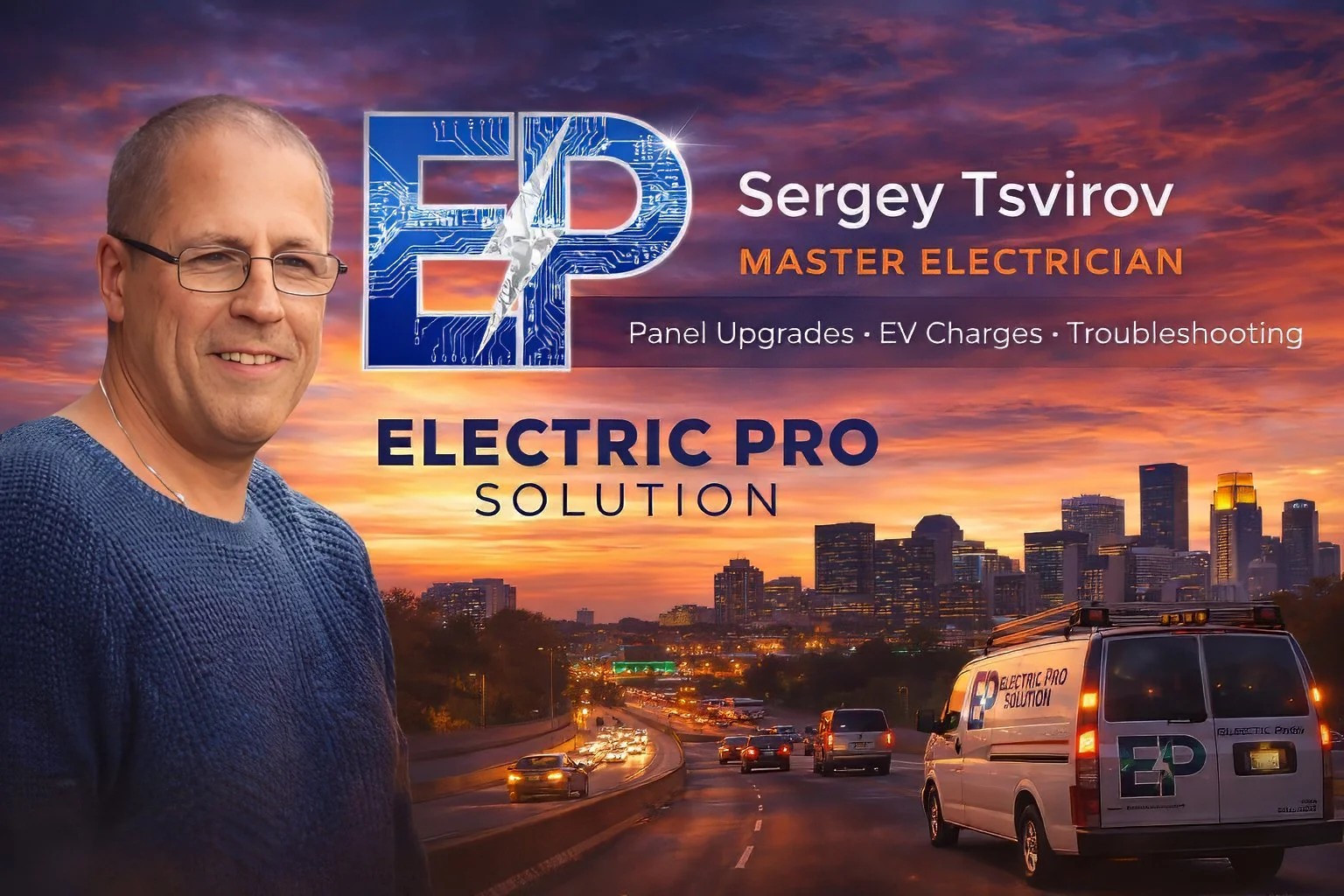 Electric Pro Solution banner featuring Sergey Tsvirov, Master Electrician, with company branding and service van