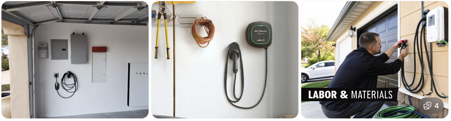 Collage of residential EV charger installation and garage charging equipment