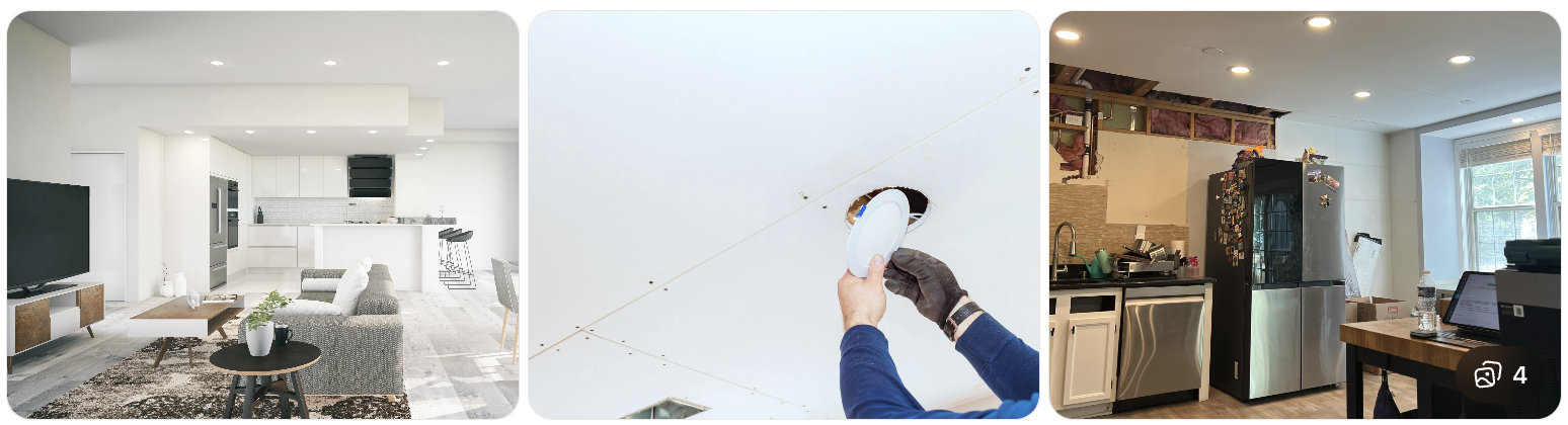 Collage of custom lighting installation and recessed ceiling lighting in residential interiors