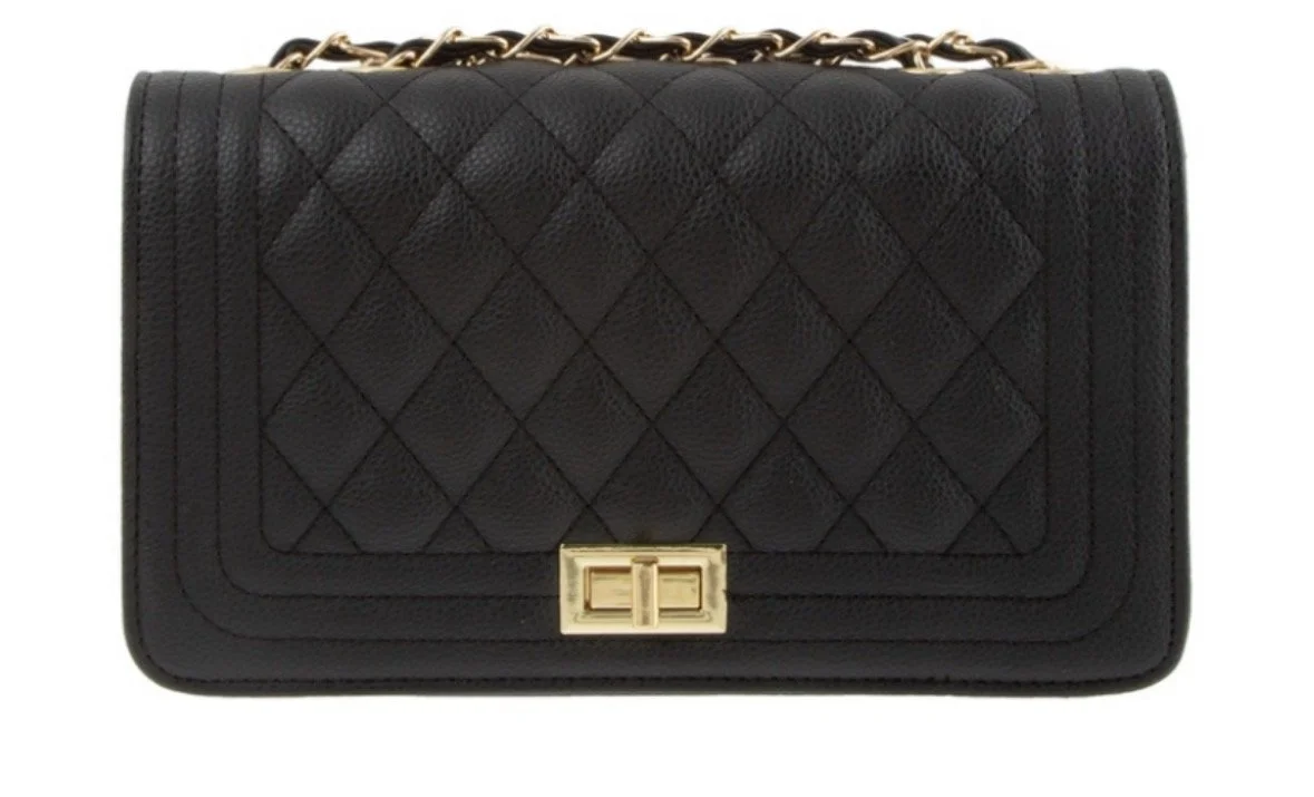Black quilted leather handbag with a gold chain strap and front clasp