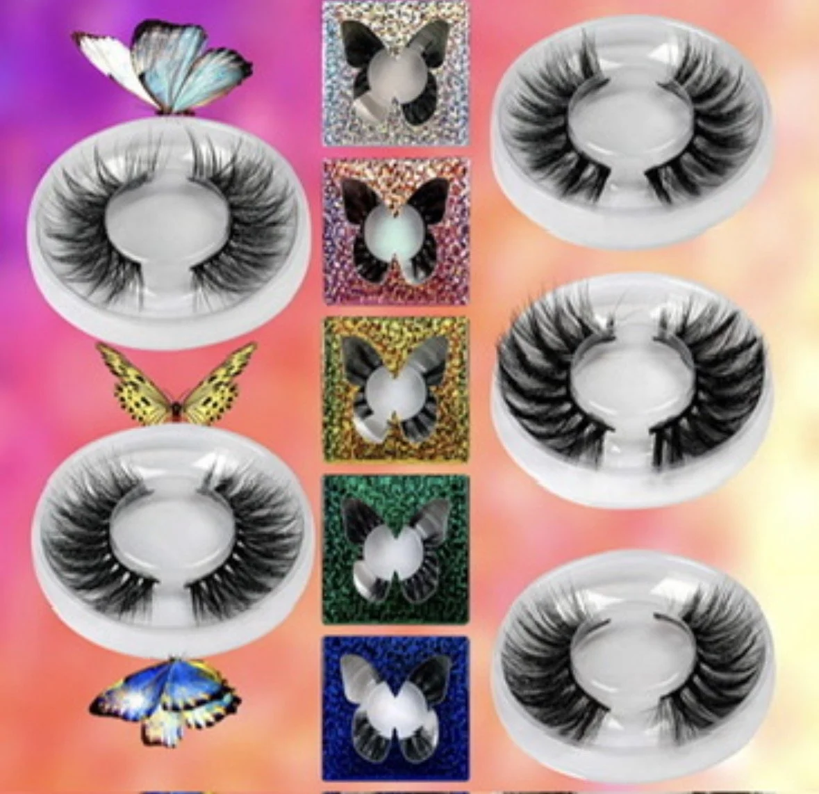 Assorted false eyelashes in various styles, each displayed on a white circular tray, with decorative butterfly-shaped earrings and colorful glitter backgrounds.