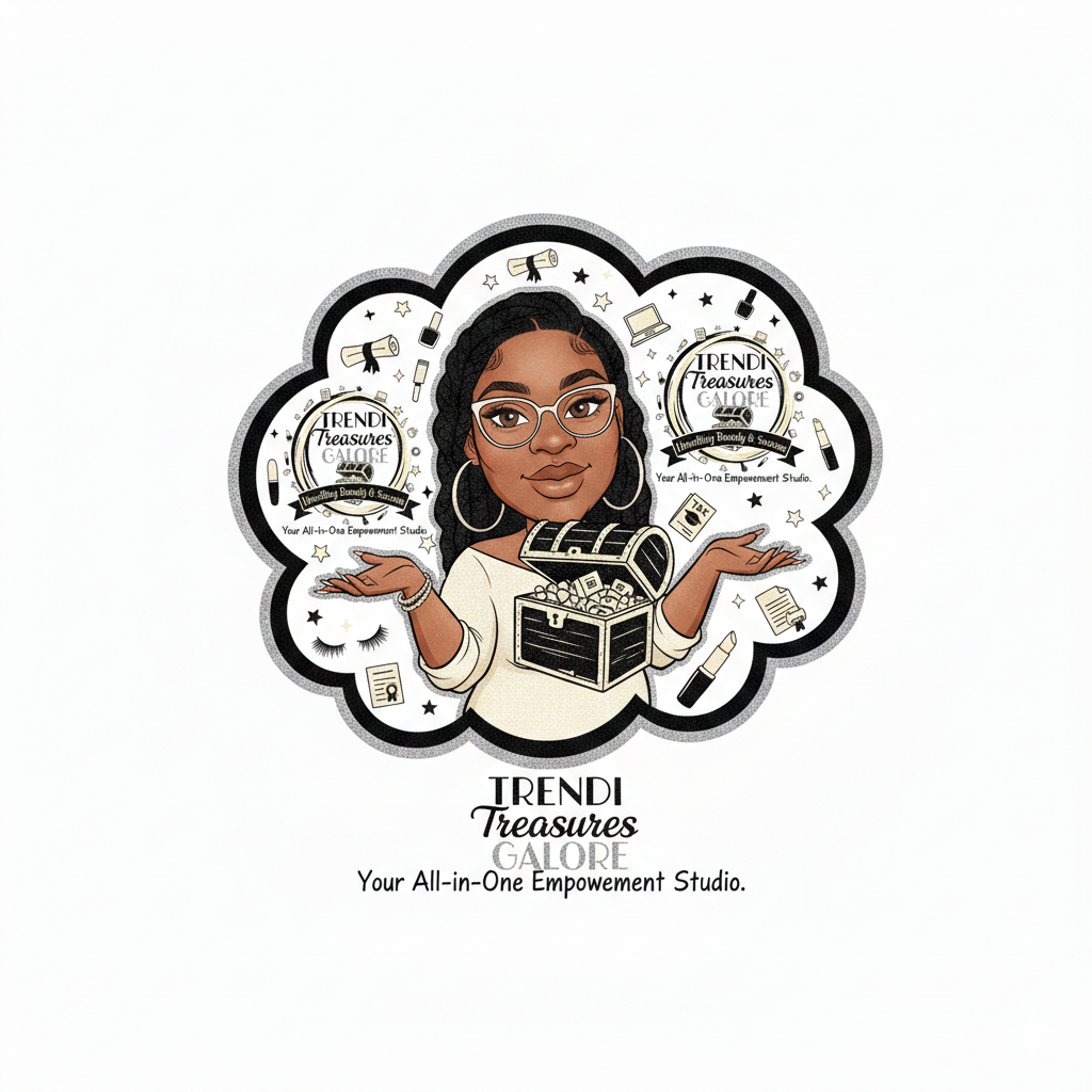 Illustration of a woman wearing glasses and hoop earrings surrounded by makeup and beauty items, with text reading "TRNDI Treasures GALORE" and "Your All-in-One Empowerment Studio."