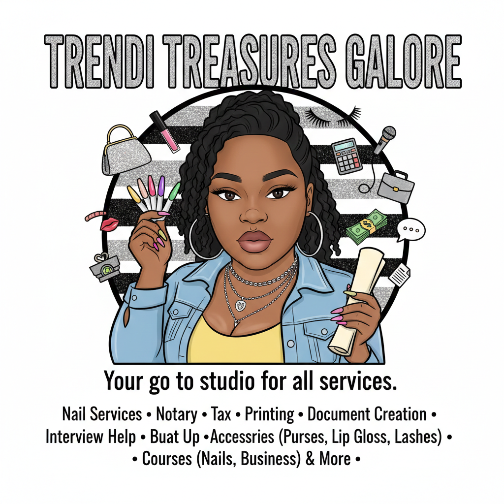 Advertisement for Trendi Treasures Galore studio offering nail services, notary, tax, printing, document creation, interview help, setup, accessories, courses, and more, featuring a woman with nails, jewelry, and various items around her.