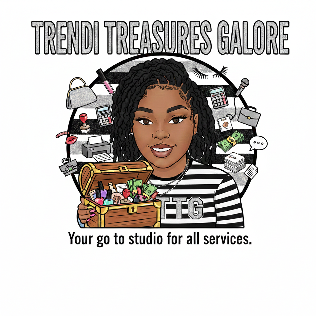 Illustration of a woman holding an open treasure chest filled with beauty and makeup products, surrounded by various service icons, with the text "TRENDI TREASURES GALORE" at the top and "Your go to studio for all services" at the bottom.
