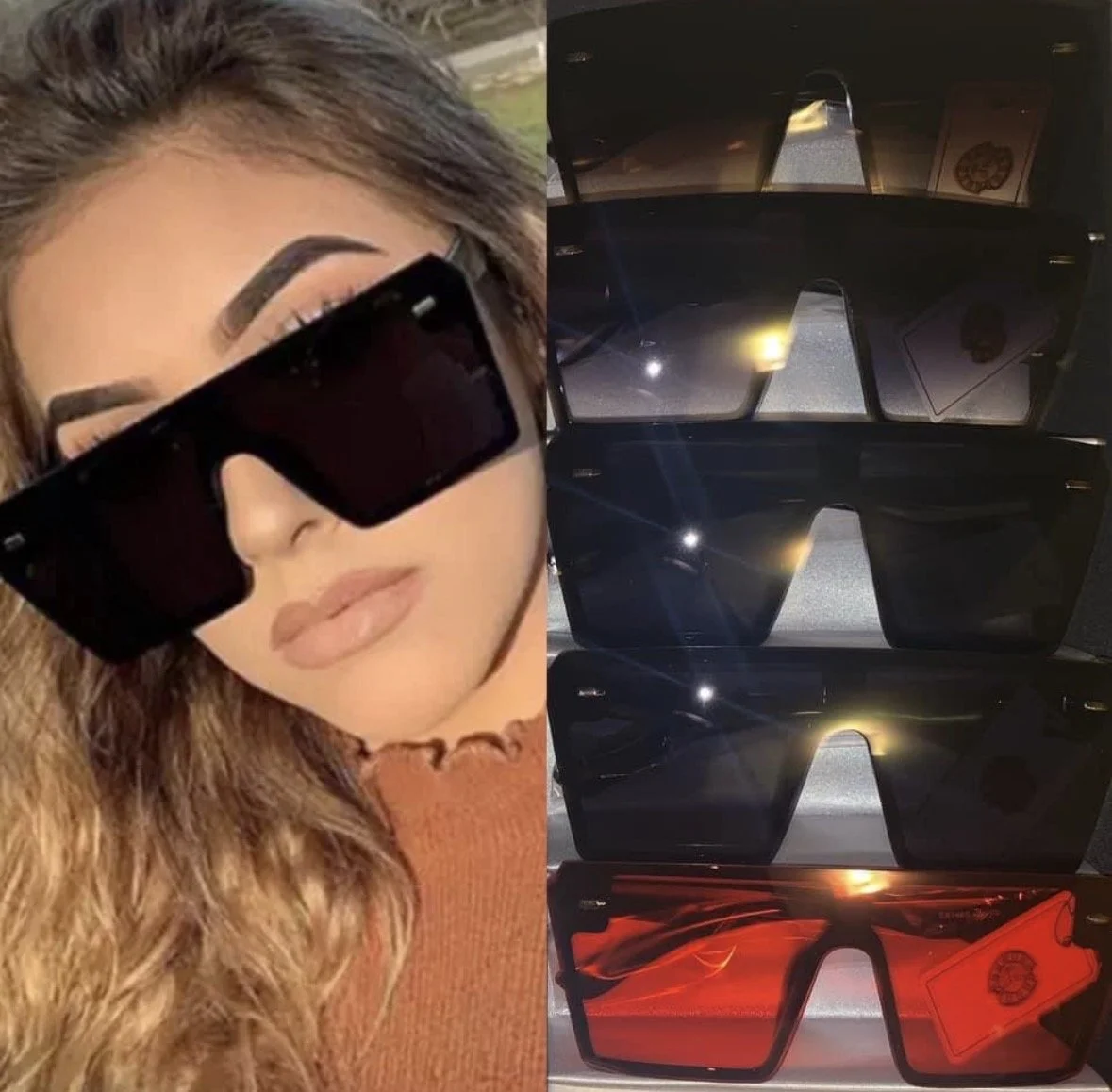 A woman with long wavy hair wearing large black sunglasses, makeup, and an orange top. To the right, three pairs of sunglasses with different lens colors: dark, black with a gradient, and red with a racing design. All sunglasses have a similar style with thick frames.