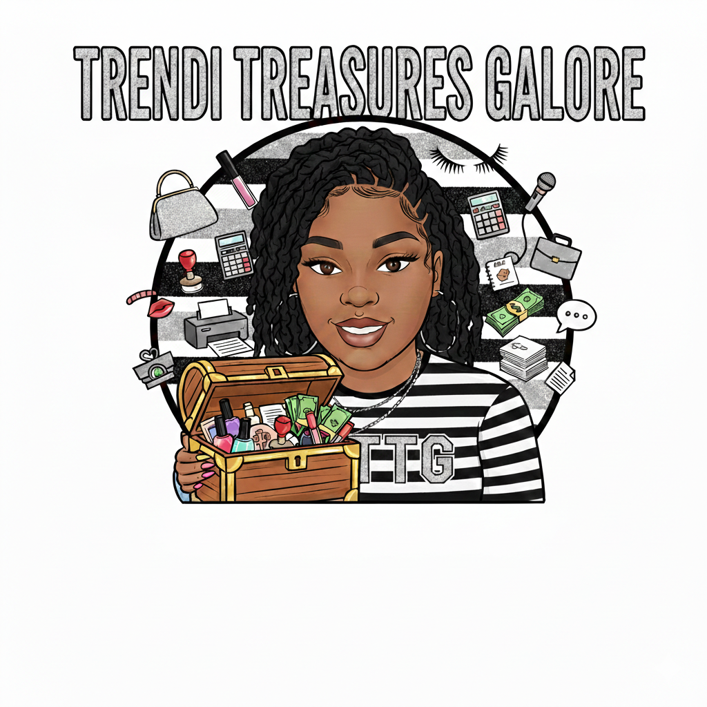 A cartoon woman holding a treasure chest filled with beauty products, with the text "TRENDI TREASURES GALORE" above her.