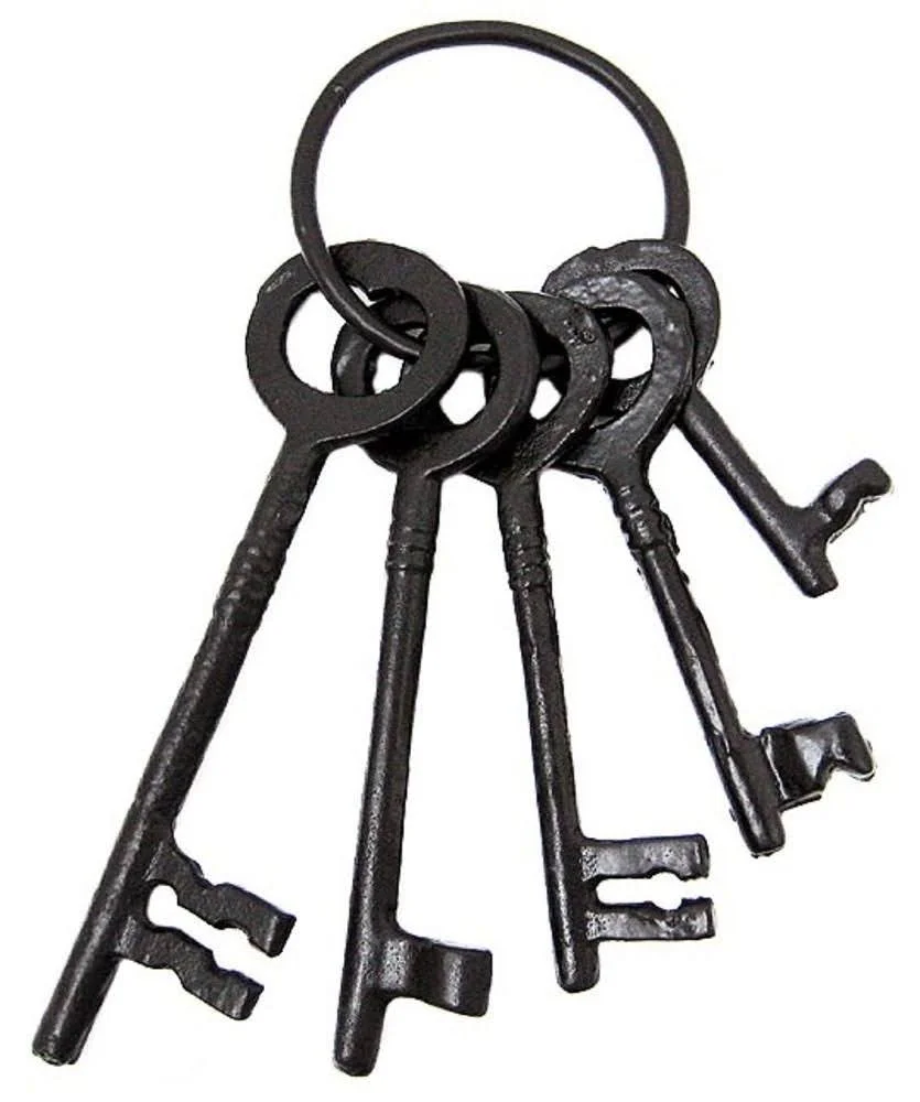 A set of five old-fashioned black iron skeleton keys held together by a metal keyring.