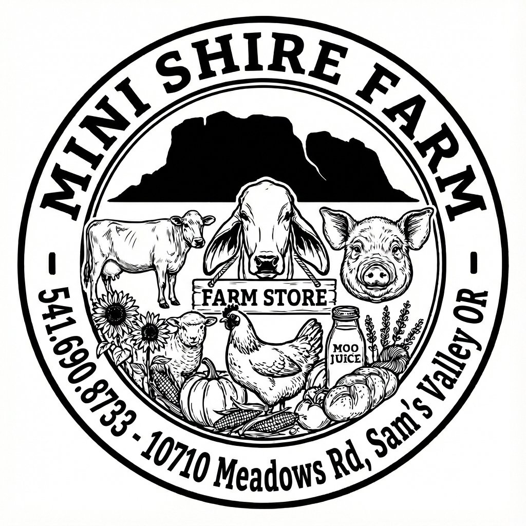 Black and white circular logo for a farm store in Northshire Farm, featuring a cow, pig, sheep, chicken, sunflower, pumpkins, and vegetables, with mountains in the background, and the address '5419.6908.8133 - 10710 Meadows Rd, Sam's Valley OR' aroun