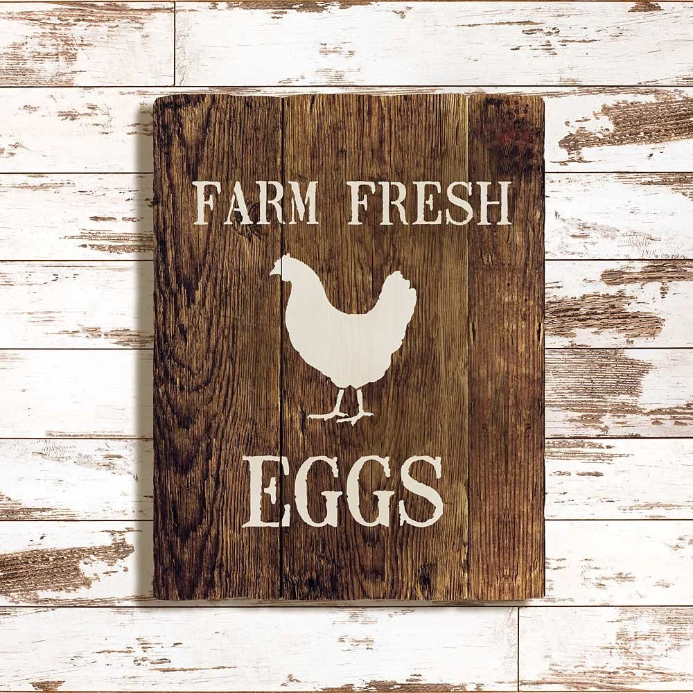 Wooden sign with white painted text 'Farm Fresh Eggs' and a silhouette of a chicken, hanging on a white distressed wood wall.