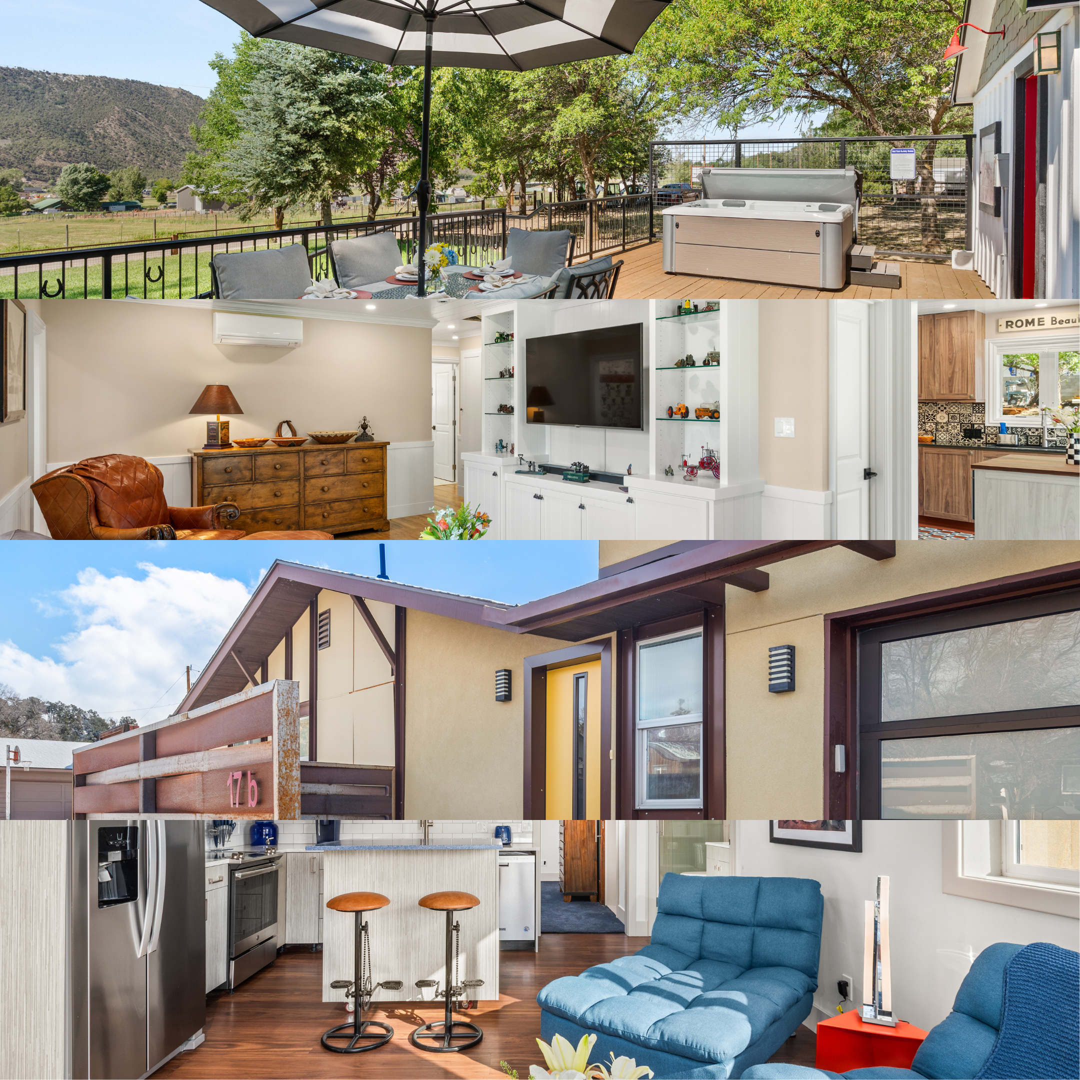 Interior and exterior shots of a house, showing an outdoor deck with furniture and umbrella, a living room with TV and decor, a modern entryway, a kitchen with island and seating, and a balcony with outdoor view.