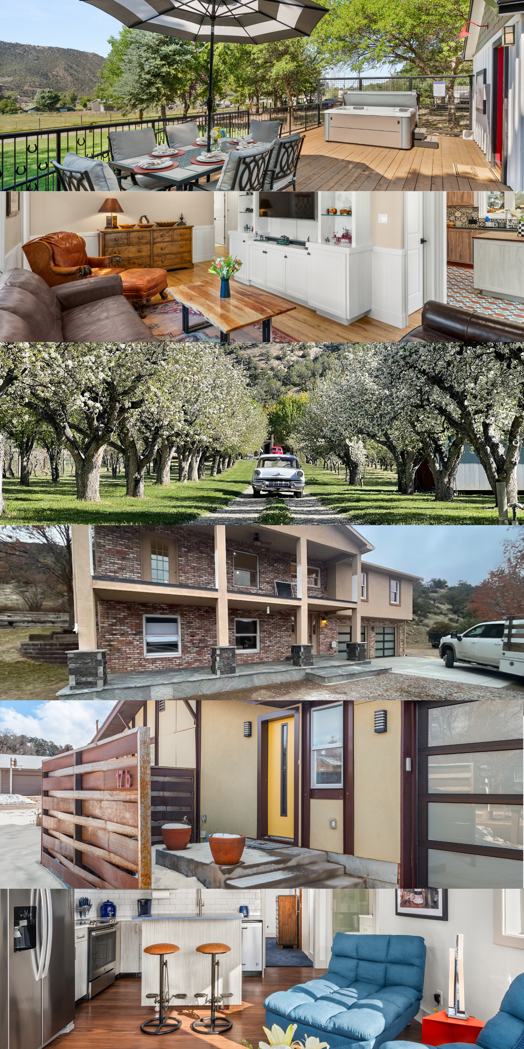 Collage of five different residential settings: an outdoor deck with a dining table and hot tub, a cozy living room with a leather armchair, a grove of blossoming fruit trees with an old car, a modern attached house with brick and stucco exterior, and a small front entrance of a contemporary house with outdoor pipes and a bright yellow door.
