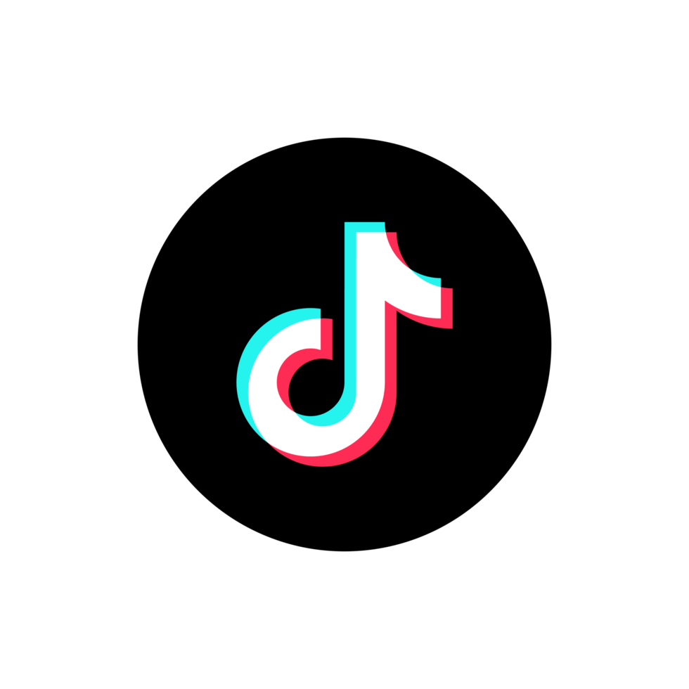 TikTok logo with a black background, white outer circle, and a stylized musical note with teal, white, and red accents.