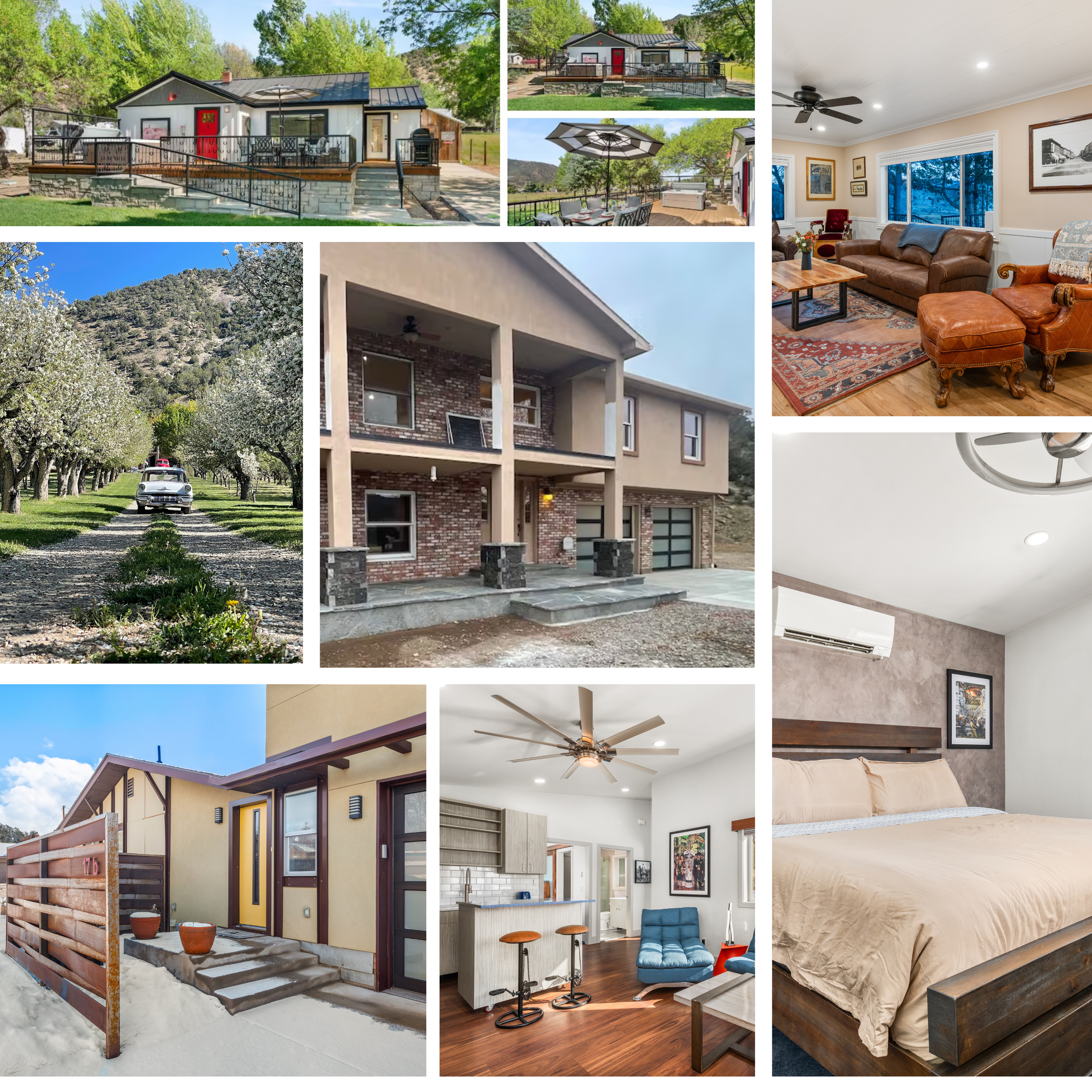 A collage of various residential properties including a house with a large deck, a house with a porch, a renovated house with brick and stucco exterior, an interior living room with leather furniture, a bedroom with air conditioning, an outdoor orchard with a vintage car, a modern apartment with an open kitchen, and a front entrance with steps.